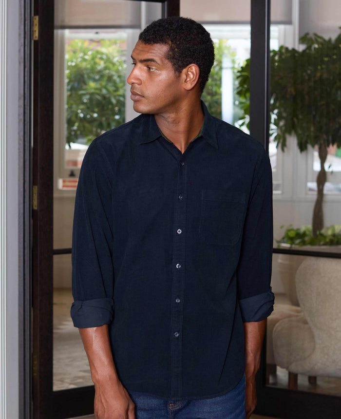 Men's Navy Cotton Babycord Classic Fit Casual Shirt model shot