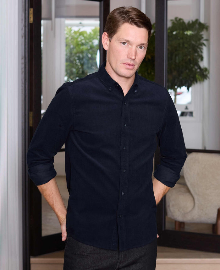 Men's Navy Cotton Babycord Slim Fit Button-Down Casual Shirt model shot