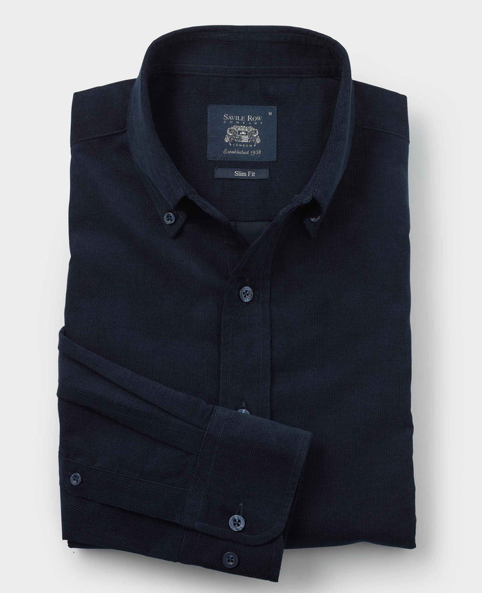 Men's Navy Cotton Babycord Slim Fit Button-Down Casual Shirt folded