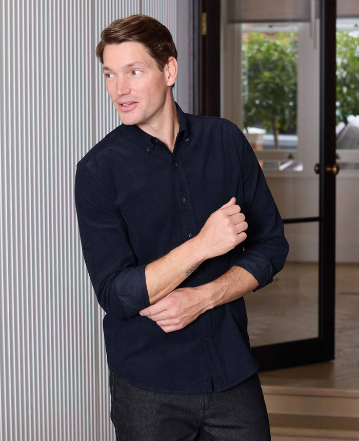 Men's Navy Cotton Babycord Slim Fit Button-Down Casual Shirt model shot