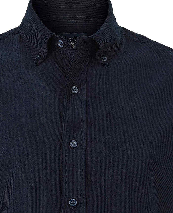 Men's Navy Cotton Babycord Slim Fit Button-Down Casual Shirt collar detail