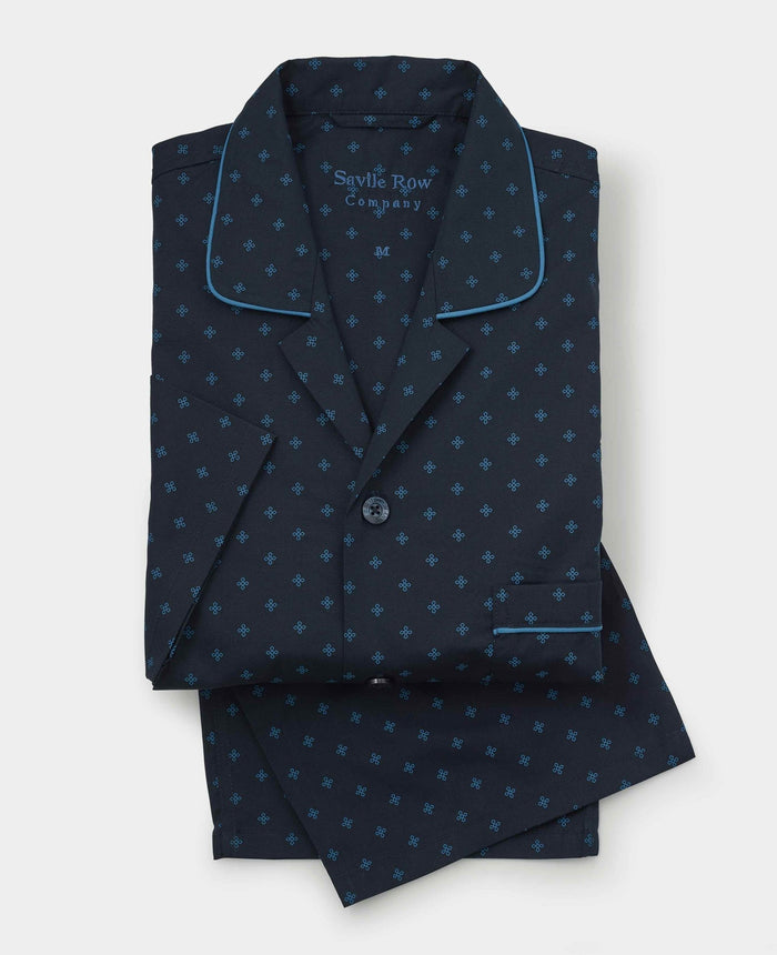 Men's Navy Cotton Cross Printed Revere Collar Pyjamas folded