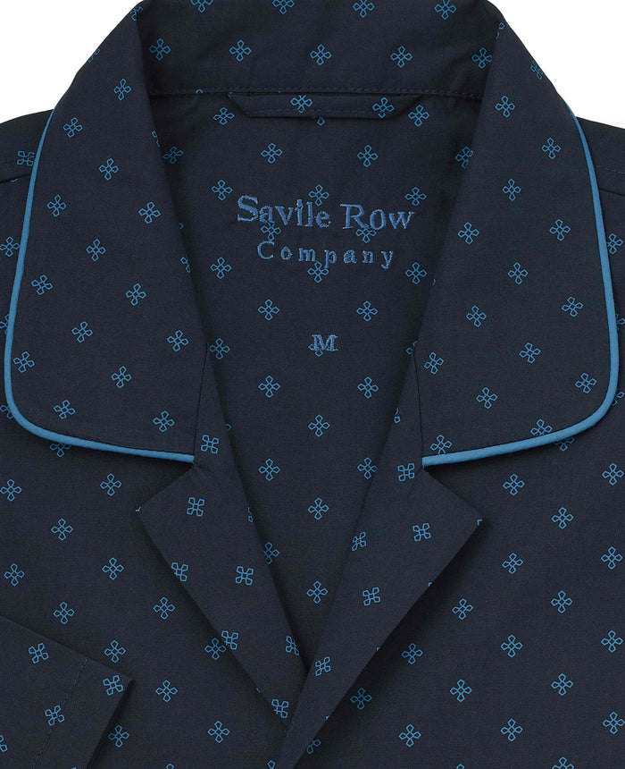 Men's Navy Cotton Cross Printed Revere Collar Pyjamas collar detail