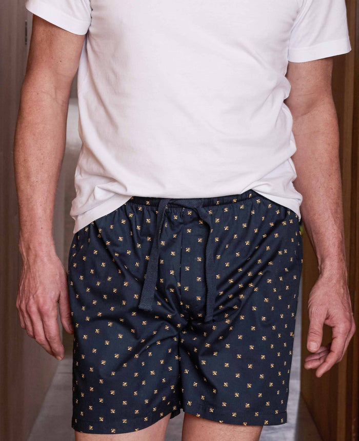 Navy Cotton Fleur De Lys Lounge Shorts