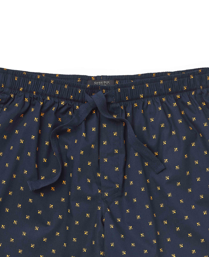 Men's Navy Cotton Fleur De Lys Lounge Shorts  waist detail