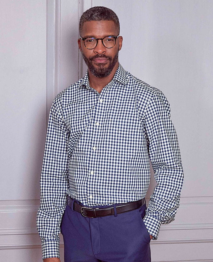 Men's Navy Cotton Gingham Check Classic Fit Formal Shirt With Single Cuffs model shot