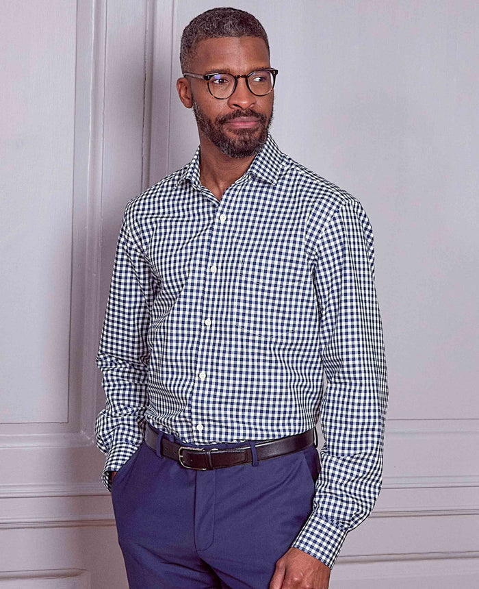 Men's Navy Cotton Gingham Check Classic Fit Formal Shirt With Single Cuffs model shot