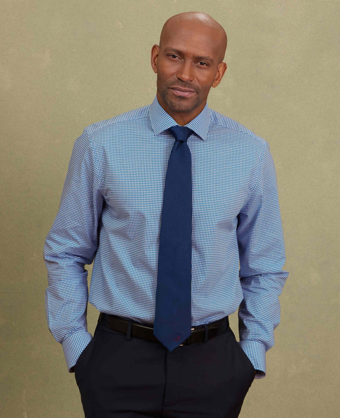 navy cotton gingham slim fit formal shirt single cuff 1511nav no tie model image 1