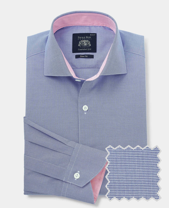 Men's Navy Cotton Micro Dobby Slim Fit Smart-Casual Shirt With Single Cuffs product shot with swatch