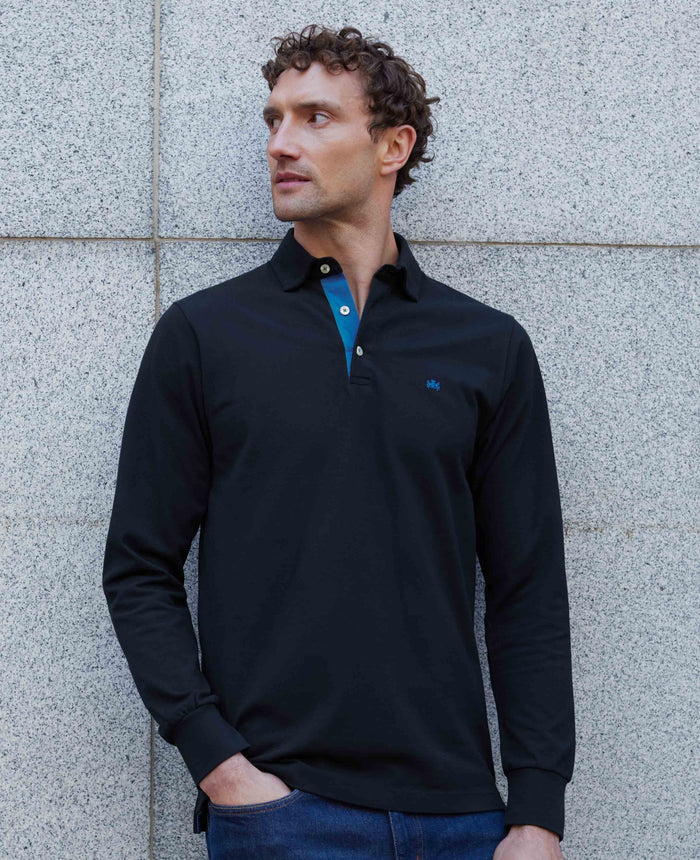 Men's Navy Cotton Pique Long Sleeve Polo Shirt model shot