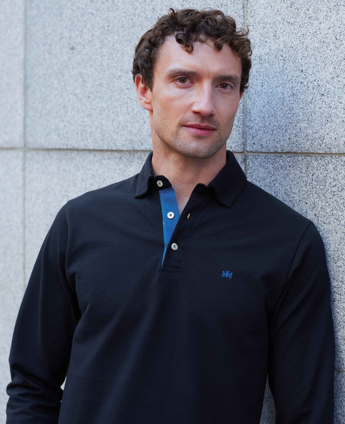Men's Navy Cotton Pique Long Sleeve Polo Shirt model shot