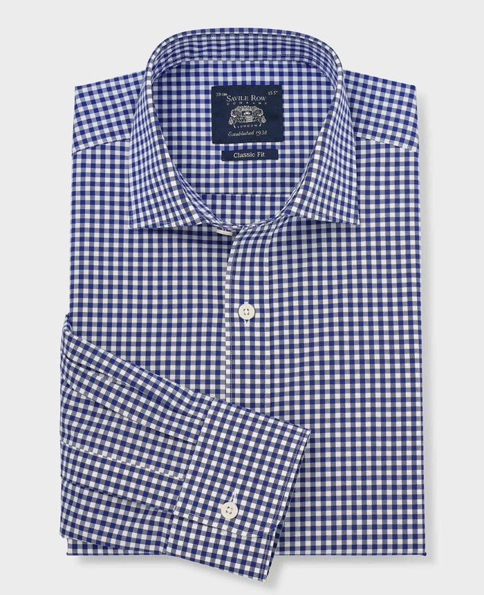 Men's Navy Poplin Gingham Check Classic Fit Formal Shirt With Single Cuffs folded