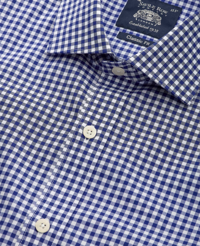 Men's Navy Poplin Gingham Check Classic Fit Formal Shirt With Single Cuffs collar detail