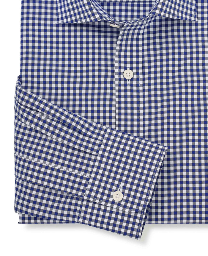 Men's Navy Poplin Gingham Check Classic Fit Formal Shirt With Single Cuffs sleeve detail