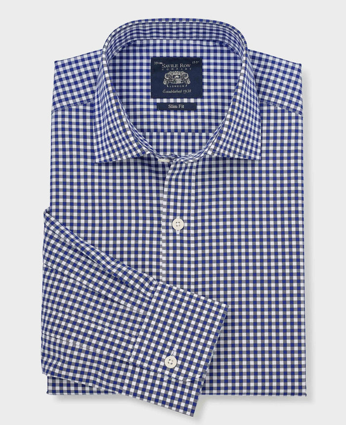 Men's Navy Cotton Poplin Gingham Check Slim Fit Formal Shirt With Single Cuffs folded