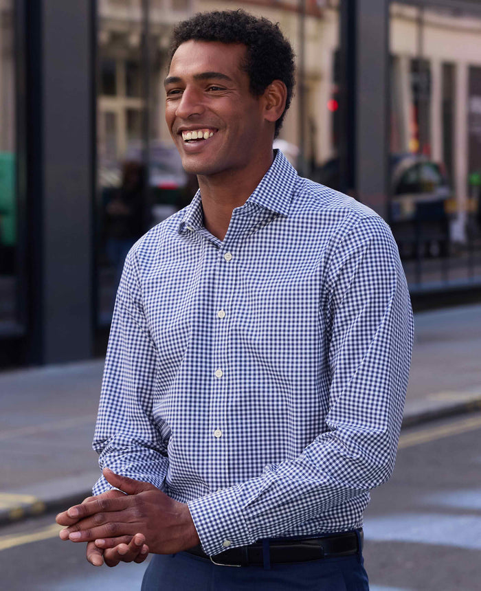 Navy Cotton Poplin Gingham Check Slim Fit Formal Shirt - Single Cuff