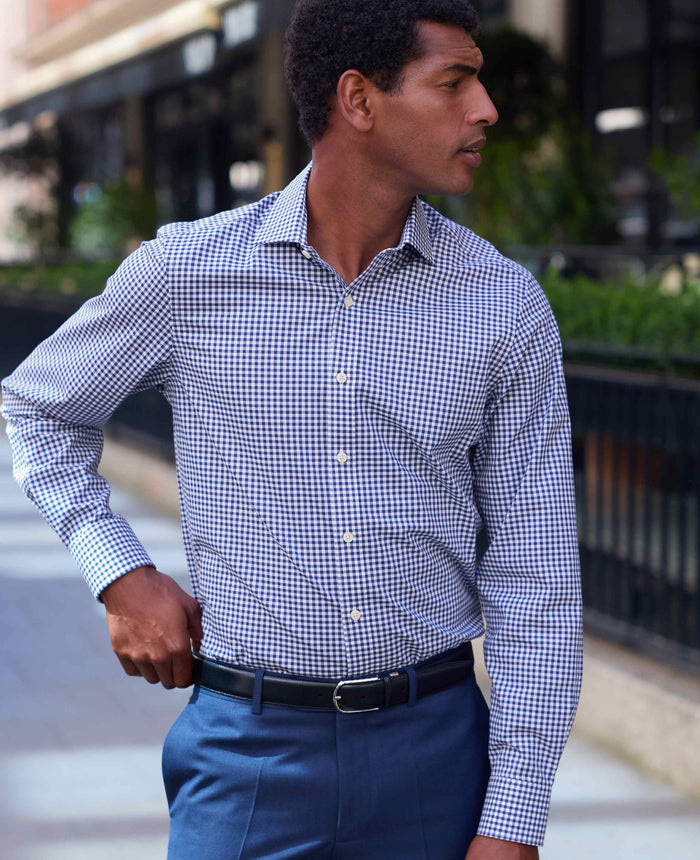 Navy Cotton Poplin Gingham Check Slim Fit Formal Shirt - Single Cuff