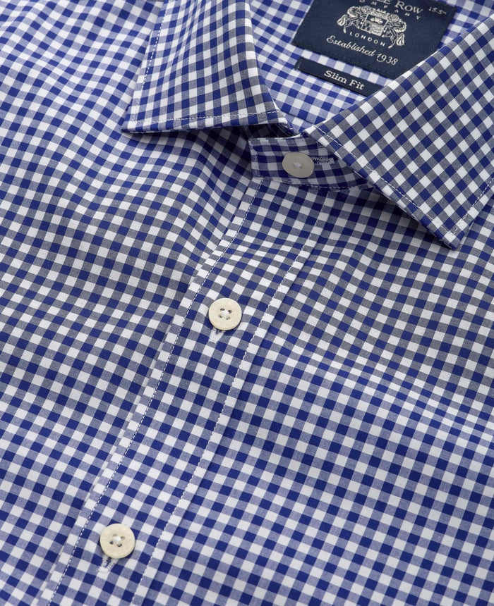Men's Navy Cotton Poplin Gingham Check Slim Fit Formal Shirt With Single Cuffs collar detail