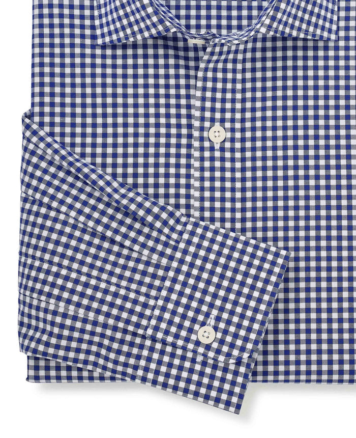 Men's Navy Cotton Poplin Gingham Check Slim Fit Formal Shirt With Single Cuffs sleeve detail