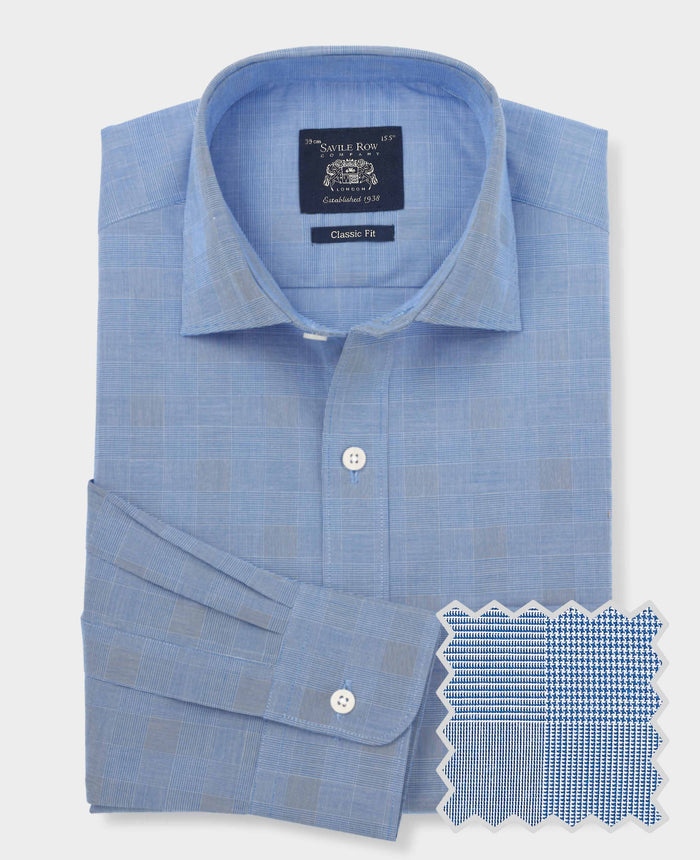 Men's Navy Cotton Prince of Wales Check Classic Fit Formal Shirt With Single Cuffs product shot with swatch