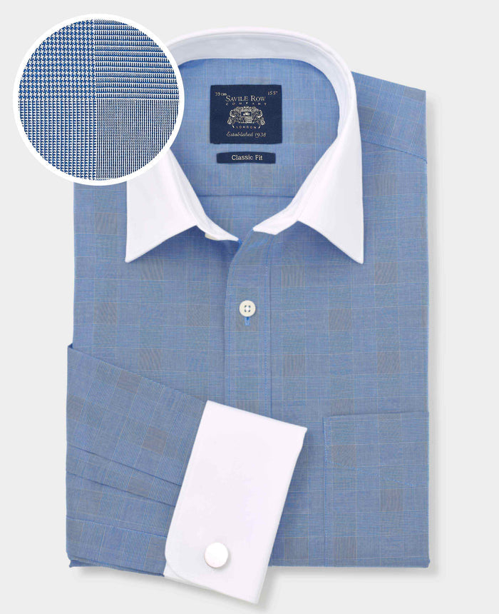 Men's Navy Cotton Prince of Wales Check Classic Fit Winchester Formal Shirt With Double Cuffs with fabric swatch