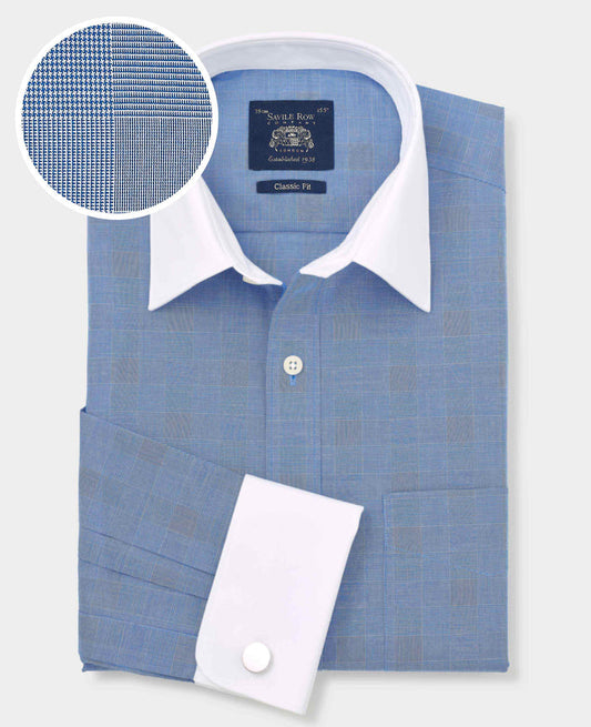 Men's Navy Cotton Prince of Wales Check Classic Fit Winchester Formal Shirt With Double Cuffs with fabric swatch