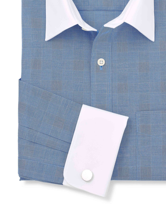 Men's Navy Cotton Prince of Wales Check Classic Fit Winchester Formal Shirt folded