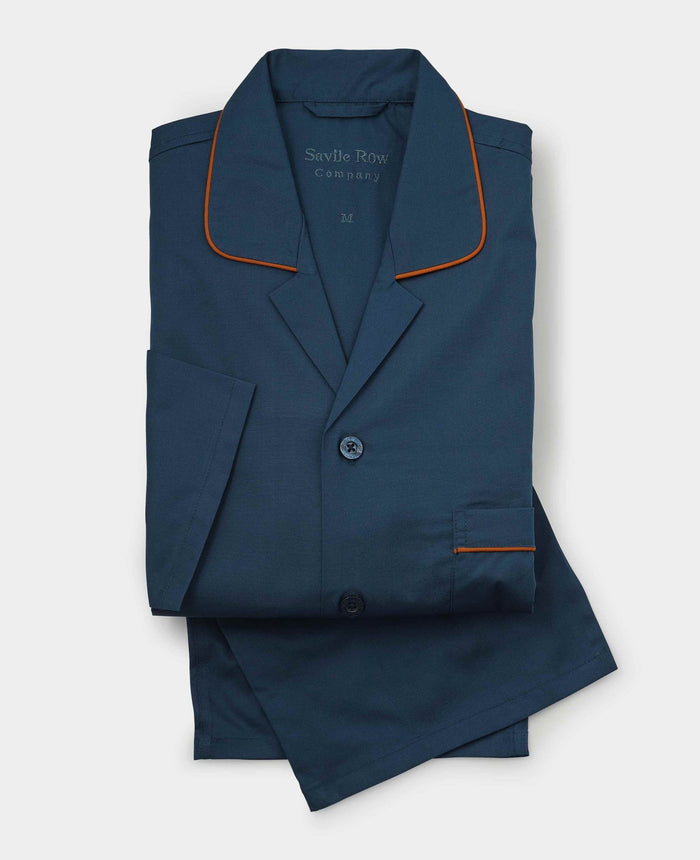 Men's Navy Cotton Revere Collar Pyjamas With Trim folded
