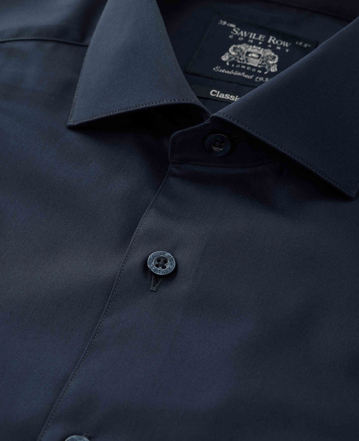 Men's Navy Cotton Twill Classic Fit Formal Shirt With Single Cuffs collar detail