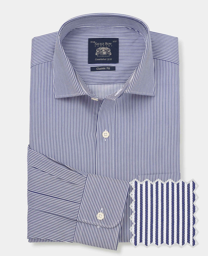 Men's Navy Cotton Twill Classic Fit Striped Formal Shirt With Single Cuffs product shot with swatch