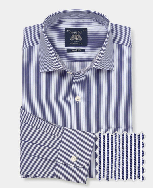Men's Navy Cotton Twill Classic Fit Striped Formal Shirt With Single Cuffs product shot with swatch
