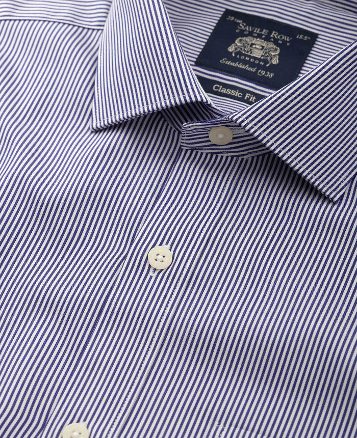 Men's Navy Cotton Twill Classic Fit Striped Formal Shirt collar detail