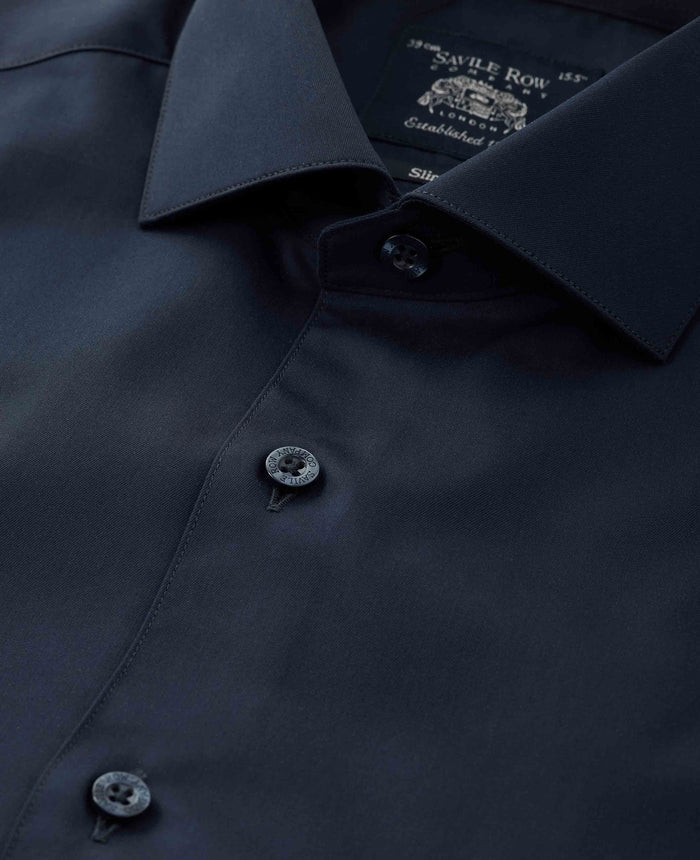 Men's Navy Cotton Twill Slim Fit Formal Shirt With Single Cuffs collar detail