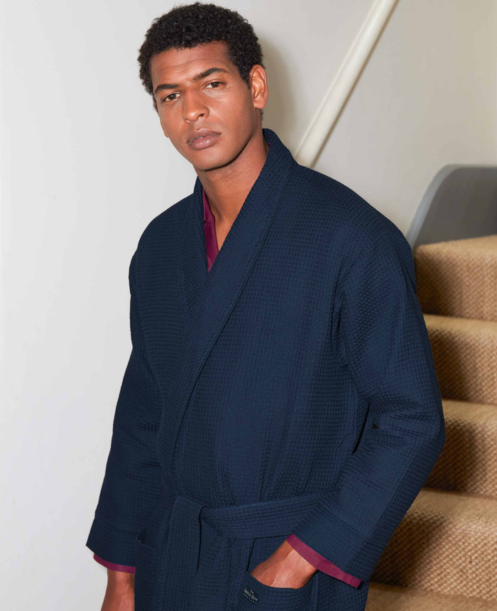 Men's Navy Waffle Dressing Gown model image