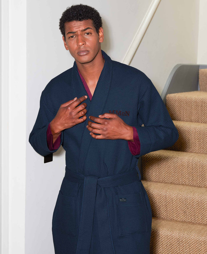 Men's Navy Waffle Dressing Gown model image