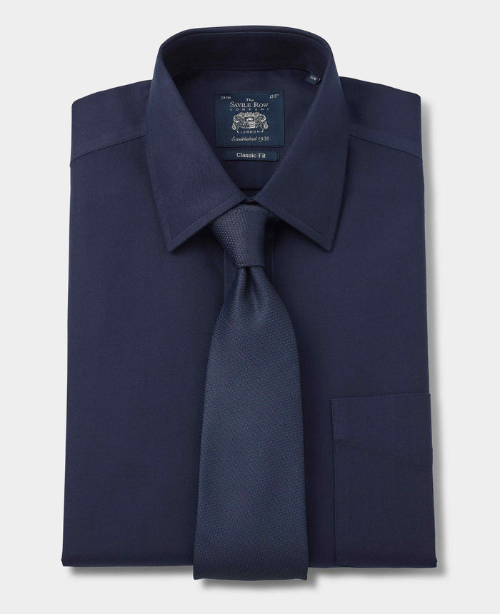Men's Navy Twill Classic Fit Non-Iron Formal Shirt With Single Cuffs folded with tie