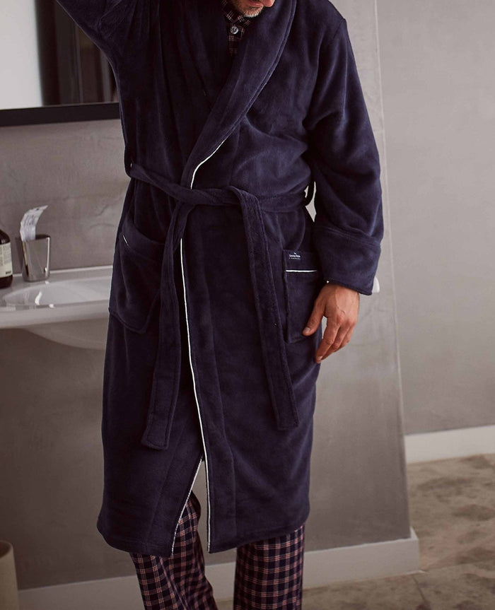 Men's Navy Fleece Super Soft Dressing Gown With Piping