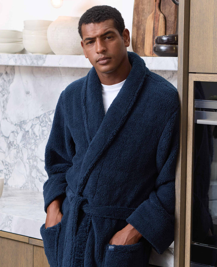 Men's Navy Fleece Dressing Gown model shot