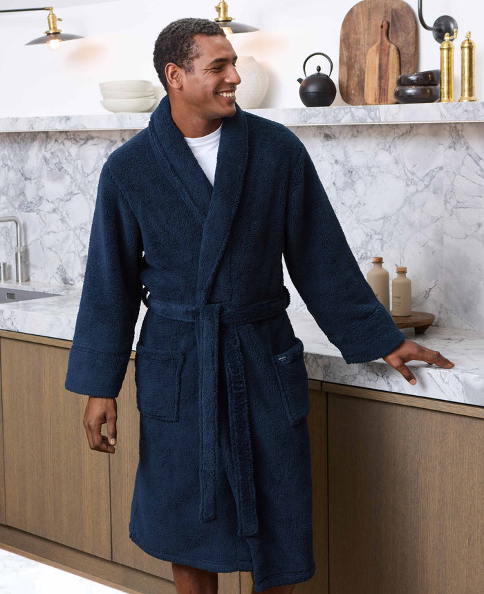 Men's Navy Fleece Dressing Gown model shot