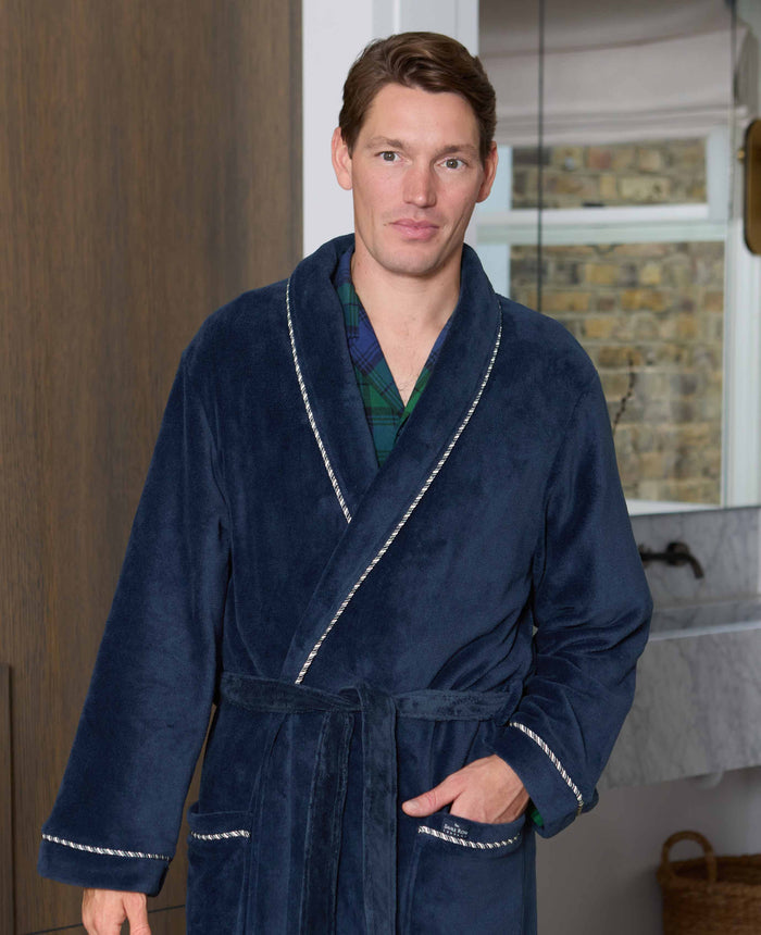 Men's Navy Super Soft Dressing Gown model shot
