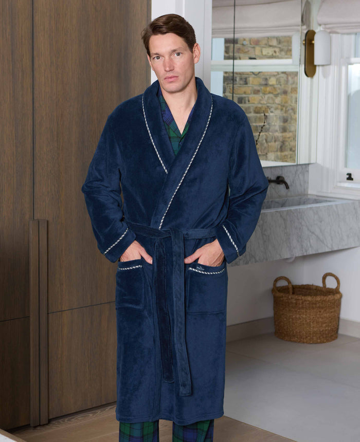Men's Navy Super Soft Dressing Gown model shot