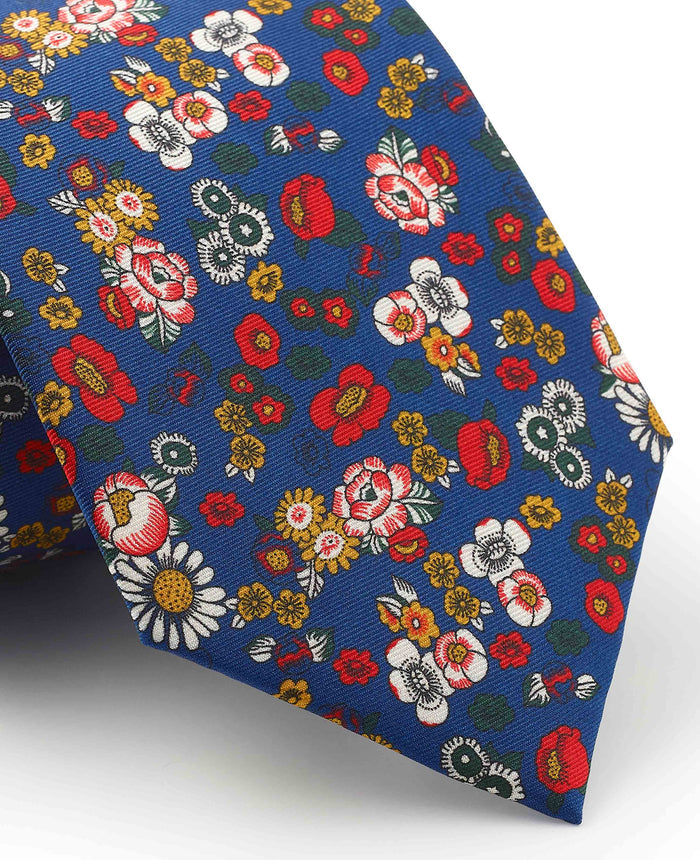 Men's Navy Floral Print Silk Tie pattern detail