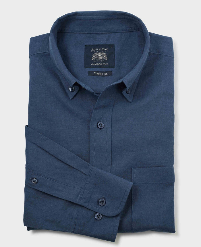 Men's Navy Linen Cotton Classic Fit Button-Down Casual Shirt folded shot