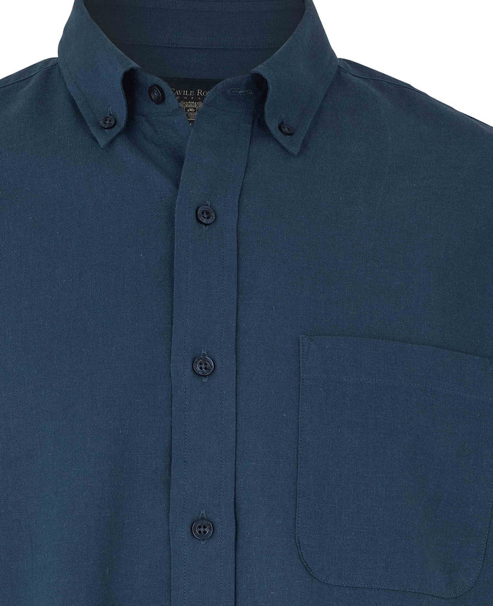 Men's Navy Linen Cotton Classic Fit Button-Down Casual Shirt collar detail