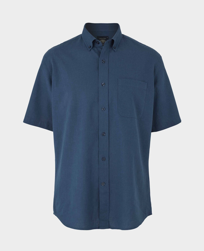 Men's Navy Linen Cotton Classic Fit Button-Down Short Sleeve Casual Shirt mannequin shot