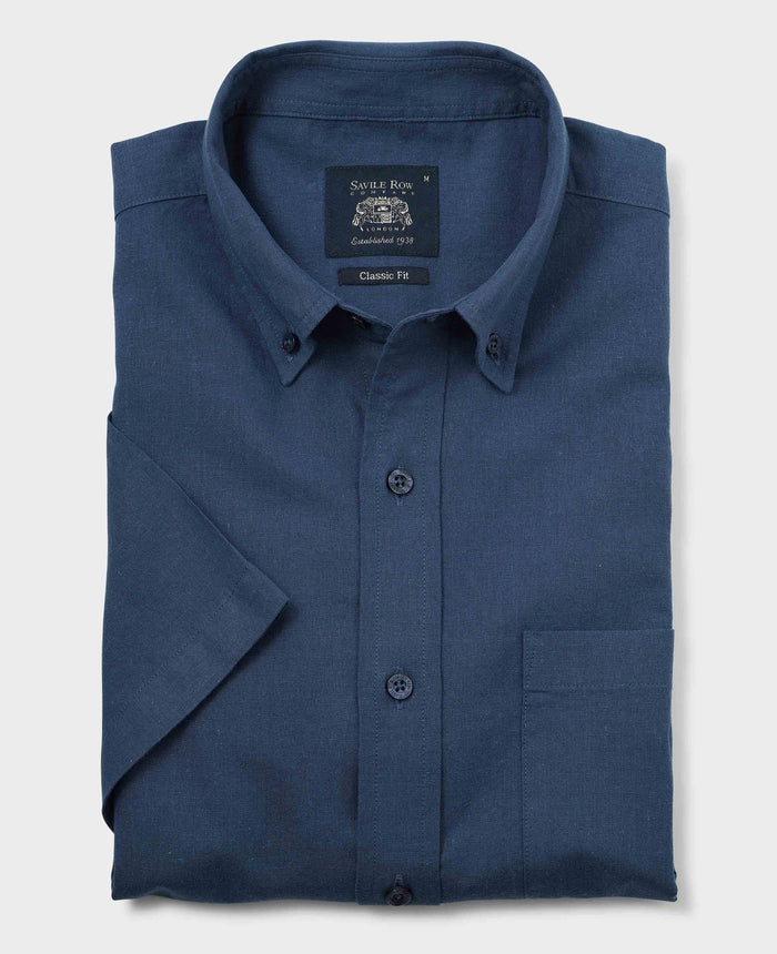 Men's Navy Linen Cotton Classic Fit Button-Down Short Sleeve Casual Shirt folded shot