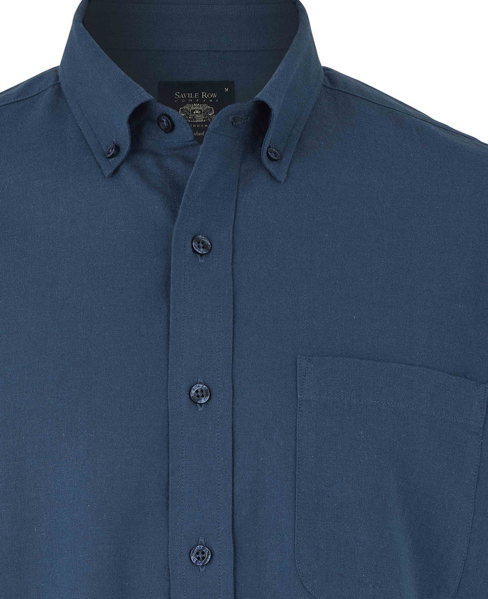Men's Navy Linen Cotton Classic Fit Button-Down Short Sleeve Casual Shirt collar detail