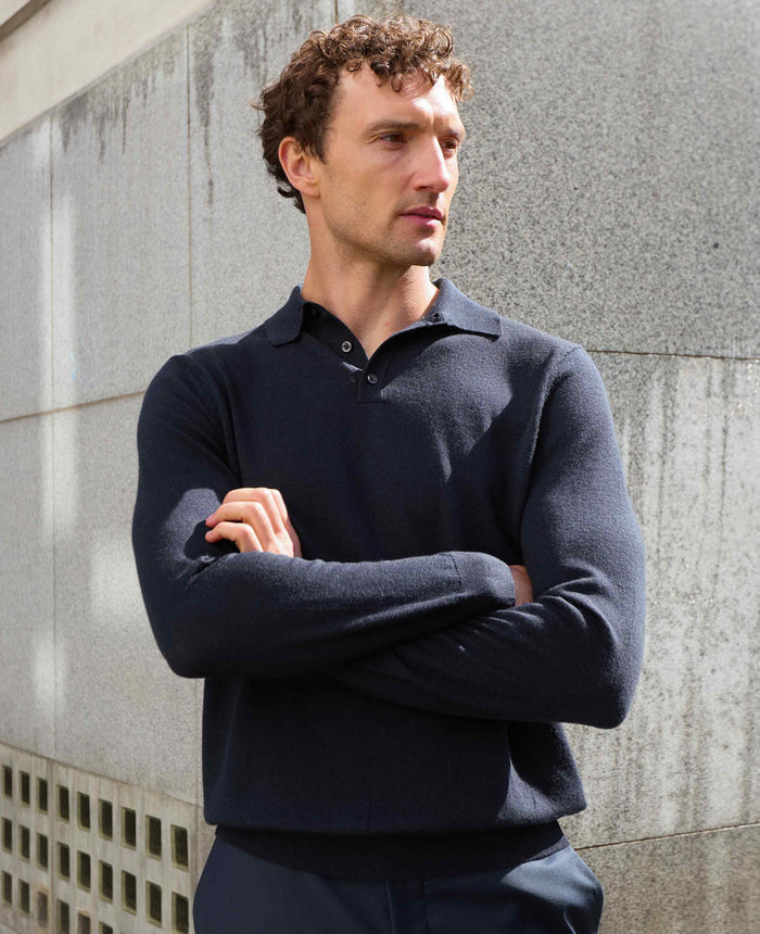 Men's Navy Merino Wool Knitted Polo Shirt model shot