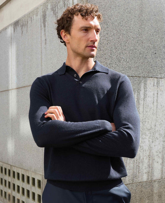 Men's Navy Merino Wool Knitted Polo Shirt model shot