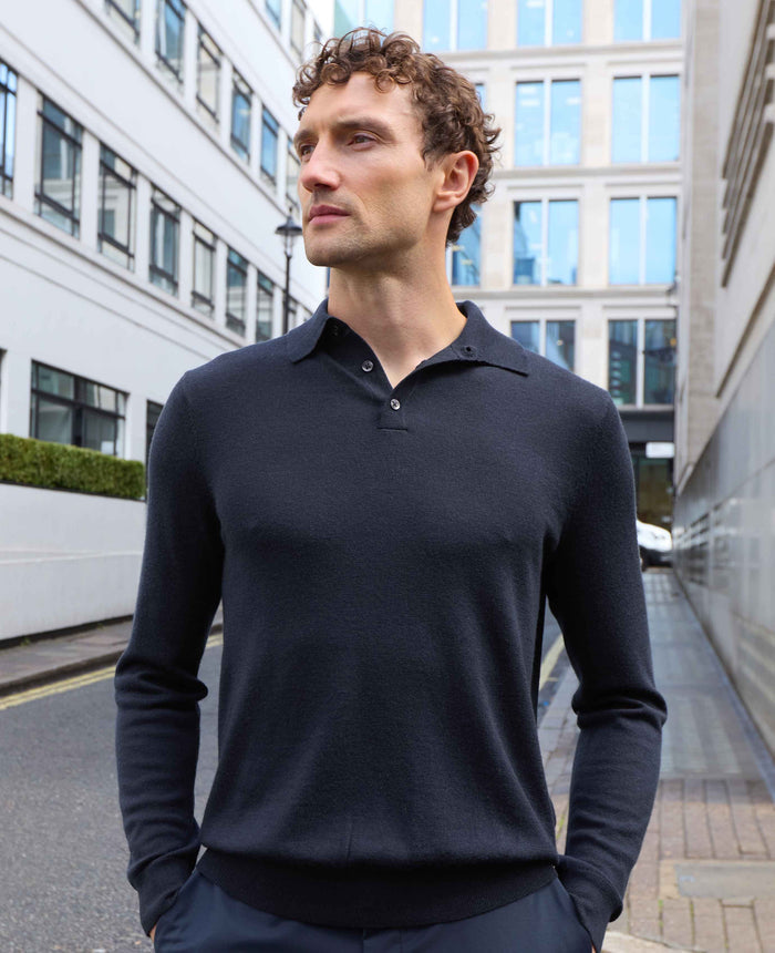 Men's Navy Merino Wool Knitted Polo Shirt model shot